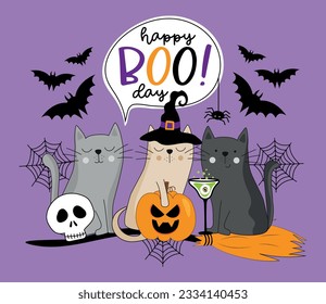 Happy Boo Day - Hand drawn witch cats and speech bubbles. Spooky skull, bats, pumpkin, and potion on broom. Islolated on purple background. 