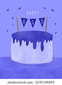 Feliz Boo. Impresión de Vector de Halloween con pastel de cumpleaños sobre un fondo violeta. Lindo estampado de Halloween con la mano dibujado gran pastel de cumpleaños con guirnalda de pastel y murciélagos voladores Ideal para tarjeta. RGB.