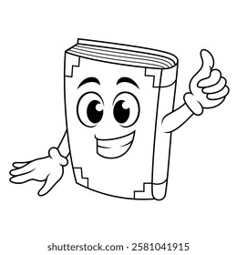 A happy book cartoon character mascot illustration giving a double thumbs up line art