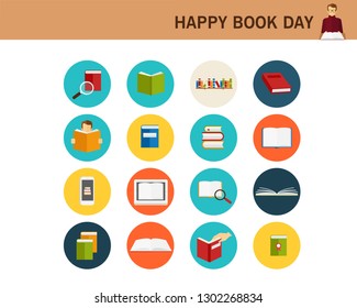 Happy book day concept flat icons