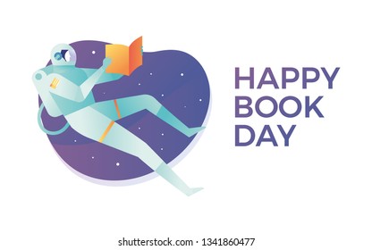 Happy book day concept vector illustration, astronaut read a book outer space as a depiction of imagination in reading books, imagination and a dream book reader
