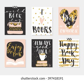 Happy Book Day's 6 Cards Collection. Set of  card templates for those who love books. Vector illustration. Template for Greeting Scrapbooking, Congratulations, Invitations, Tags.