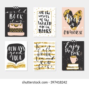 Happy Book Day's 6 Cards Collection. Set of  card templates for those who love books. Vector illustration. Template for Greeting Scrapbooking, Congratulations, Invitations, Tags.