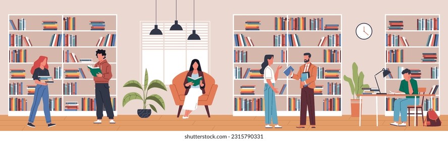 Happy book lovers in library. People choose literature, reading room, getting knowledge, printed products, bookstore with modern bookshelf, school education nowaday vector cartoon flat concept