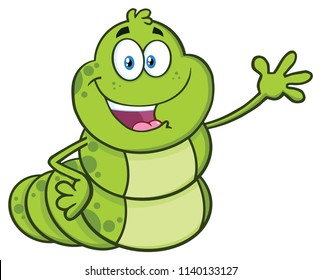 Happy Book Worm Cartoon Mascot Character Waving For Greeting. Vector Illustration Isolated On White Background