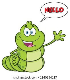 Happy Book Worm Cartoon Mascot Character Waving For Greeting. Vector Illustration Isolated On White Background With Speech Bubble Hello Text