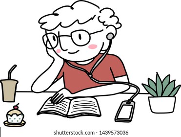 Happy bookworm man with earphones sitting at cafe and reading book. Young man with eyeglasses sitting at cafe and reading book. Cute nerdy guy listening to music on earphones while reading book.