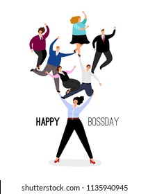 Happy boss day illustration. Energetic leader woman supports business and office employees respect vector illustration