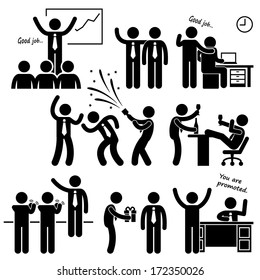 Happy Boss Rewarding Employee Stick Figure Pictogram Icon