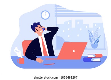 Happy boss sitting in office and talking phone isolated flat vector illustration. Cartoon manager at workplace with laptop speaking on telephone. Office interior and business concept