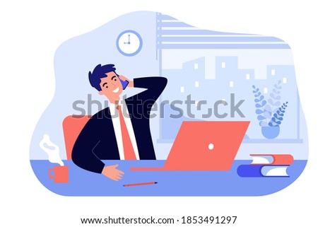 Happy boss sitting in office and talking phone isolated flat vector illustration. Cartoon manager at workplace with laptop speaking on telephone. Office interior and business concept