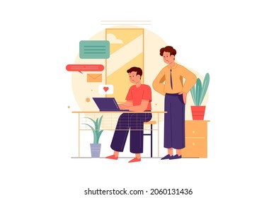 Happy boss watching over the shoulder of an employee Illustration concept. Flat illustration isolated on white background.