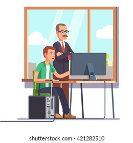 Happy boss watching over shoulder of a smiling employee at work. Tired business man. Flat style modern vector illustration.