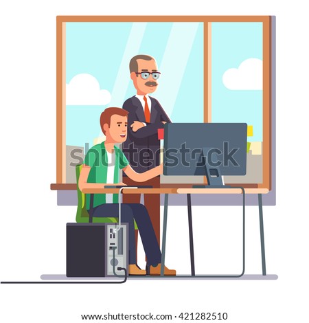 Happy boss watching over shoulder of a smiling employee at work. Tired business man. Flat style modern vector illustration.