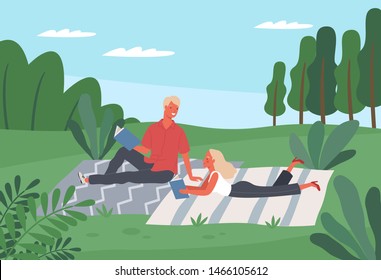 Happy both men and women reading books or students studying in the park. Vector illustration in a flat style