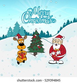 Happy both Reindeer and Santa Claus hugs gift box . Joyful Reindeer with gifts hugging Santa Claus. Christmas illustration. Santa and Deer in Christmas. Christmas vector. Funny Santa and Reindeer.