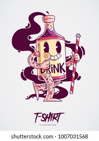 Happy bottle of alcohol. Hipster drawing for bar, pub, poster or t-shirt. Vector Illustration