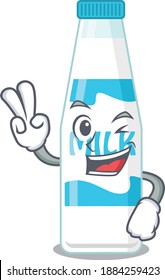 Happy bottle of milk cartoon design concept show two fingers. Vector illustration