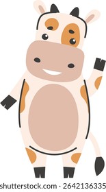 A happy bovine is depicted in a minimalist style with gentle curves and simple shapes.  The cheerful farm animal waves hello in a playful, childlike manner. Cartoon vector illustration