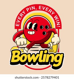 Happy Bowling Ball Sports mascot and slogans cartoon character in Vintage Style