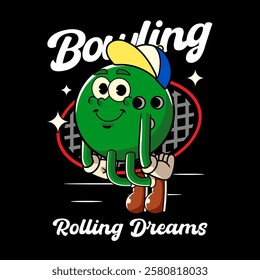 Happy Bowling Ball Sports mascot and slogans cartoon character in Vintage Style