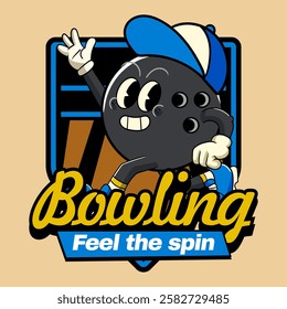 Happy Bowling Ball Sports mascot and slogans cartoon character in Vintage Style