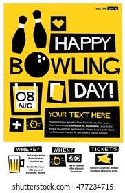 Happy Bowling Day - 8th Aug (Flat Style Vector Illustration Quote Poster Design) Event Invitation with Venue and Time Details
