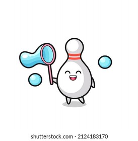 happy bowling pin cartoon playing soap bubble , cute style design for t shirt, sticker, logo element