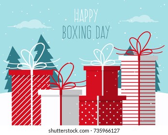 Happy Boxing Day. Background with Christmas Gifts on Winter Day. Flat Design Style. 