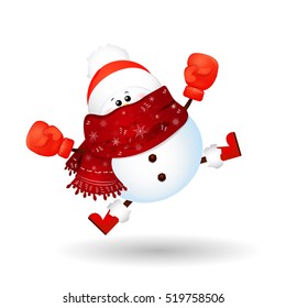 Happy Boxing Day. Cute, funny  snowman with boxing glove feeling excited isolated on white background. Vector cartoon  illustration.