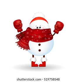 Happy Boxing Day. Cute, funny  snowman  with scarf and red santa claus hat,  boxing glove  isolated on white background. Vector cartoon illustration.
