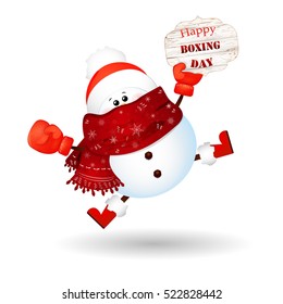 Happy Boxing Day. Cute, funny  cartoon character snowman with red boxing glove feeling excited isolated on white background. Vector  cartoon illustration.