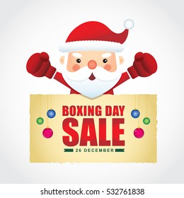 Happy Boxing Day. Cute santa claus wearing boxing gloves with boxing day sale text isolated on white. Vector illustration of boxing day sale. 