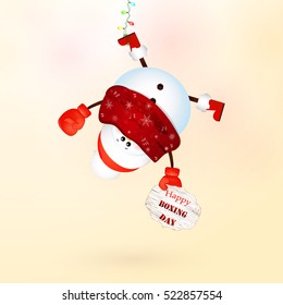 Happy Boxing Day. Cute snowman with hanging upside down . Vector cartoon  illustration.