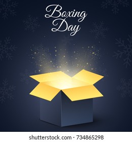 Happy Boxing Day. A Dark, Golden Magic Box. Christmas Mysterious Gift. New Year's Snowflakes. Poster For Sale. Vector Illustration