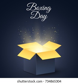 Happy boxing day. A dark, golden magic box. Christmas mysterious gift. Poster for sale. Vector illustration