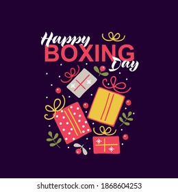 Happy boxing day handwritten text, vector colorful illustration with doodle gift boxes and hand lettering phrase. Modern brush ink calligraphy. Greeting card for Merry Christmas boxing day sale.