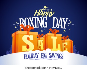 Happy Boxing Day Sale Design With Gift Boxes On A Snow, Holiday Big Savings.
