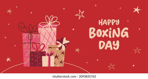 Happy Boxing Day vector banner with present box on red background. Flat style illustration text for headers, website, poster, invitation.  Mid-Century Modern design