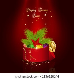 Happy Boxing Day. Winter illustration. Merry Christmas and Happy New Year. Vector Illustration on red background. Can be used as decorative element in present cards, invitation to party and etc.