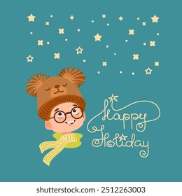 Happy boy admires falling snow. Winter outdoor activity. A child in bright clothes, handwritten text Happy Holiday. Cartoon kid enjoying the snowfall. Hand-drawn flat vector illustration.
