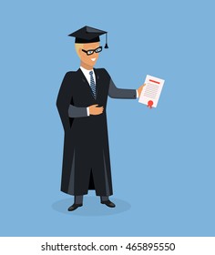 Happy boy after graduation. Man university graduate. Boy graduates in the mantle isolated. Vector illustration