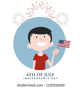 Happy boy with American flag with fireworks on Independence Day. Vector color illustration. 4th of july text