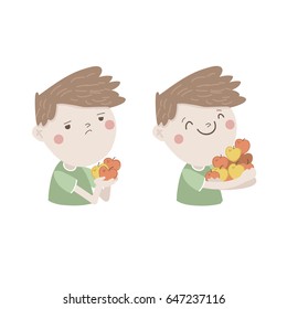 Happy boy with a lot of apples and sad boy with three apples stay nearby in green T-shirts and with brown hair isolated on a white background. Vector illustration.