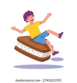 A happy boy with arms outstretched rides on top of a huge ice cream sandwich, symbolizing fun and indulgence.