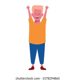 happy boy with arms up over white background, vector illustration