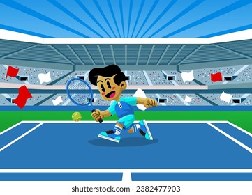 Happy Boy Athlete Playing Tennis Cartoon