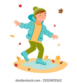 A happy boy in autumn clothes jumps through puddles. Leaf fall. The autumn season. Vector illustration in a flat style on a white background.