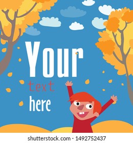 Happy boy in autumn park. Vector illustration