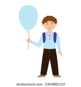 Happy boy with a backpack and a balloon in a school uniform. Vector illustration with back to school concept
